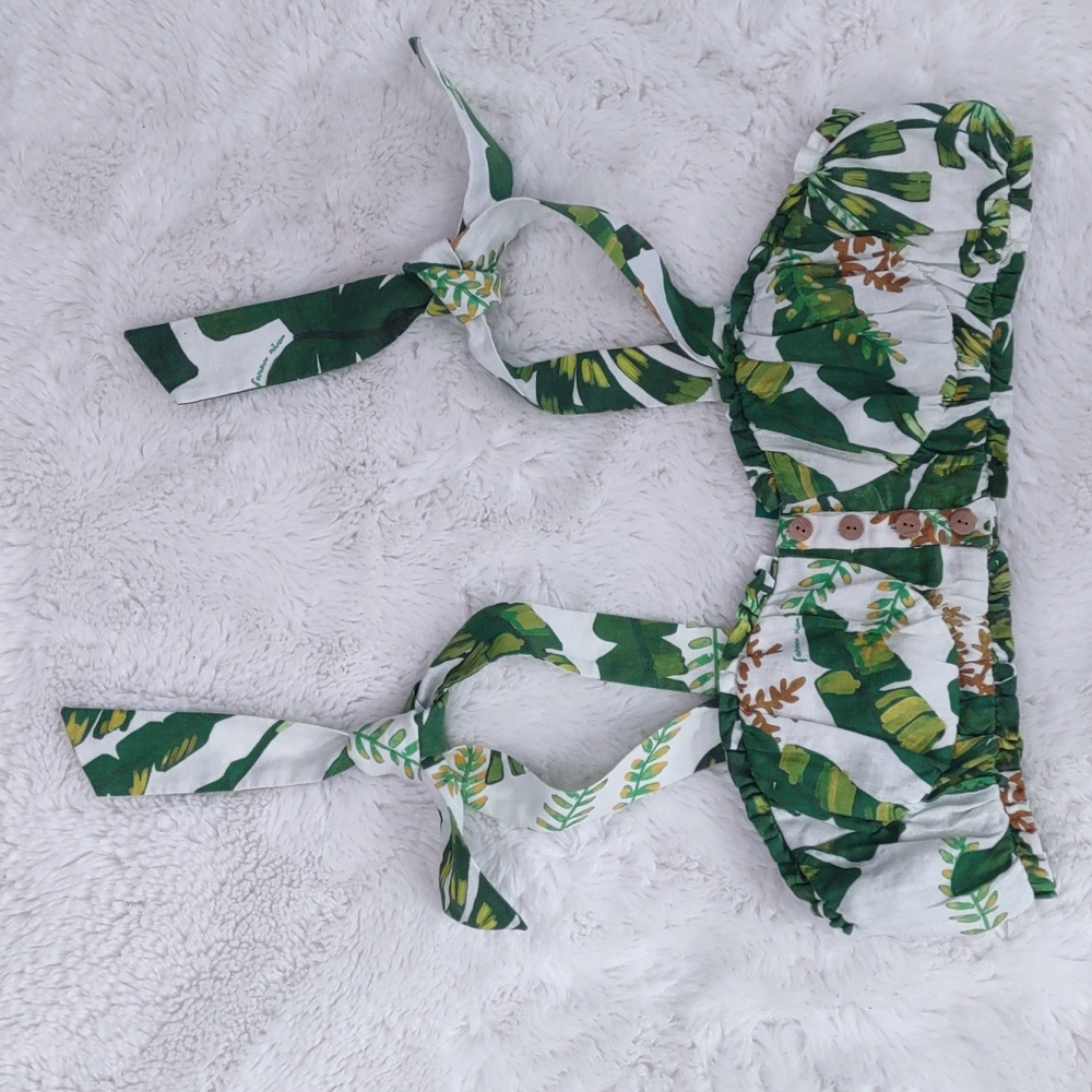 FARM Farmrio Green Leaf Print Crop Top, 100%Linen ,Size XL